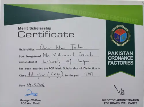 omer khan jadoon pakistan ordiance factory scholarship